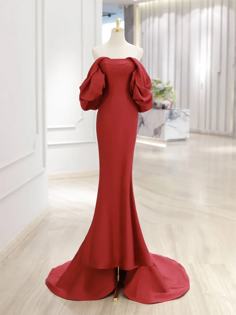 Red Satin Mermaid Long Evening Prom Dresses, Off Shoulder Custom Prom Dress, PM0141 main image 0