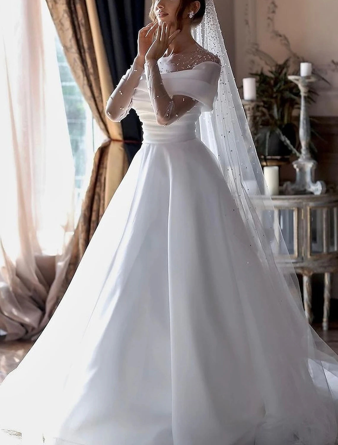 Beach Formal Wedding Dresses A-Line Illusion Neck Long Sleeve Floor Length Tulle Bridal Gowns With Ruched Beading