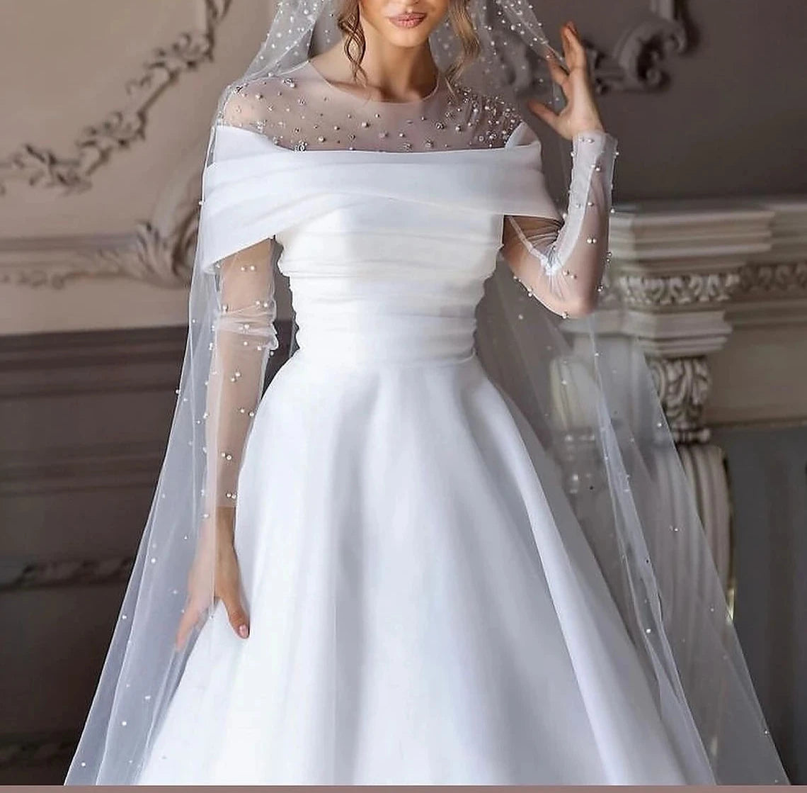 Beach Formal Wedding Dresses A-Line Illusion Neck Long Sleeve Floor Length Tulle Bridal Gowns With Ruched Beading