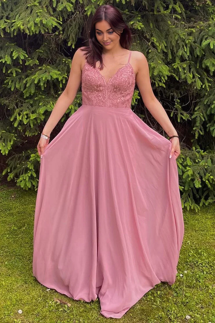 OKBBN Charming A-line Lace Chiffon Strap Bridesmaid Dress