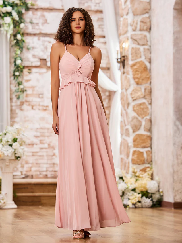 OKBBN slim shoulder strap A-line chiffon bridesmaid dress
