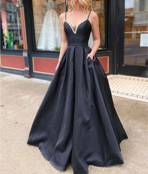 Simple black satin long prom dress, black evening dress ,DS4013