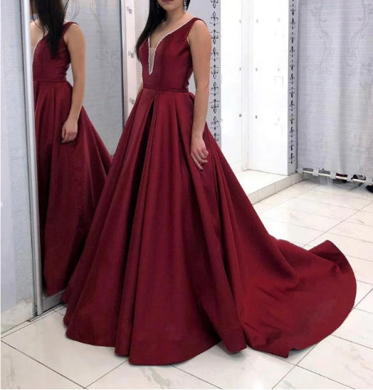 Simple Burgundy V-Neck Satin Prom Dress Long Evening Dress With Split S6547