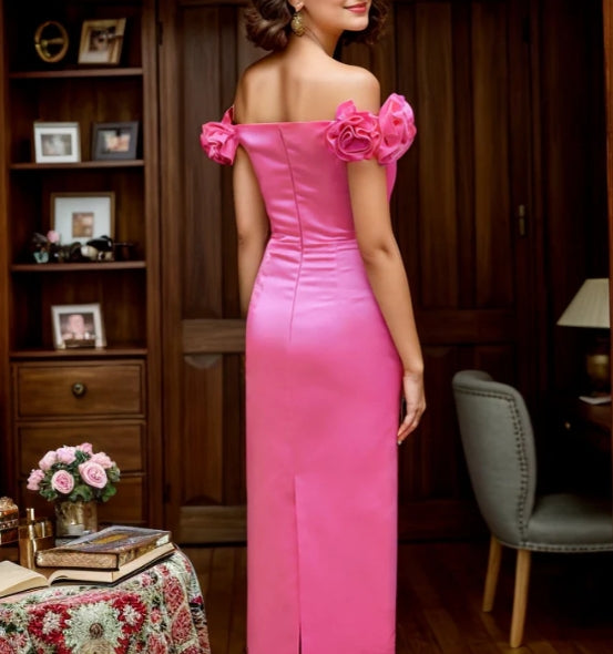 3D floral sleeves Off the shoulder ankle length sheath silky satin prom dress