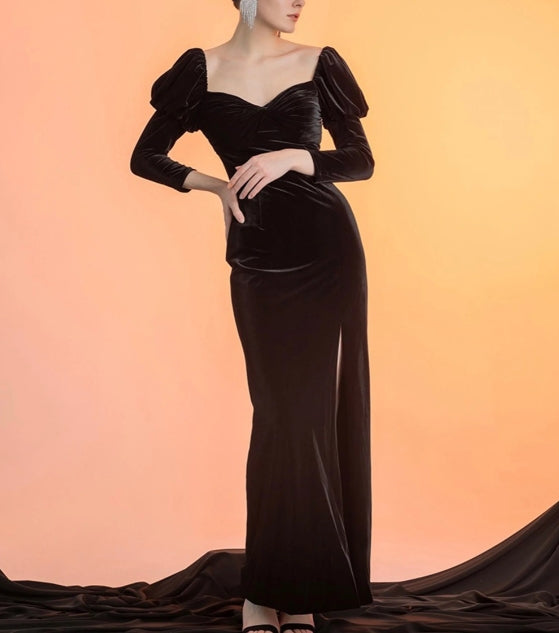 Elegant V-neck Sleeveless Side Slit Long Velvet Prom Dresses Online