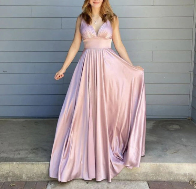 Simple Pink Satin Long Prom Dress Pink Evening Dress  OKBBN Dress