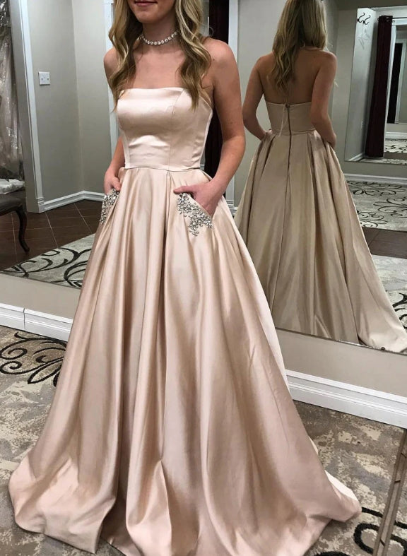 Champagne Satin Long Prom Dress Champagne Evening Dress – OKBBN Dress