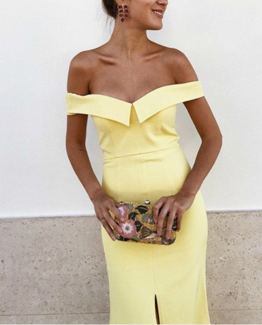 Yellow Off The Shoulder Satin Floor Length Evening Dress With Split Front