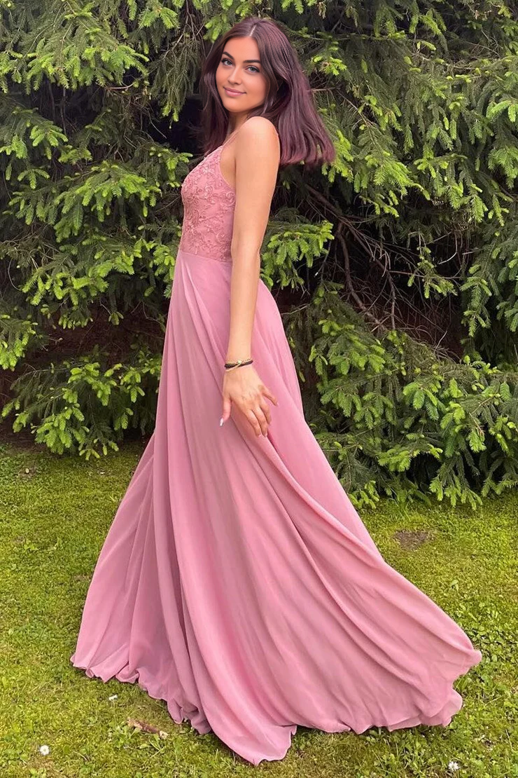 OKBBN Charming A-line Lace Chiffon Strap Bridesmaid Dress
