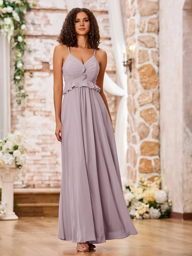 OKBBN slim shoulder strap A-line chiffon bridesmaid dress