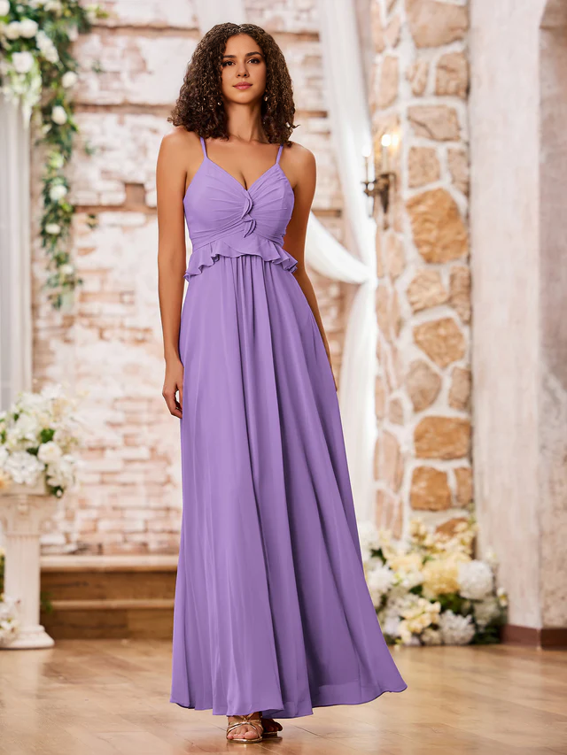 OKBBN slim shoulder strap A-line chiffon bridesmaid dress