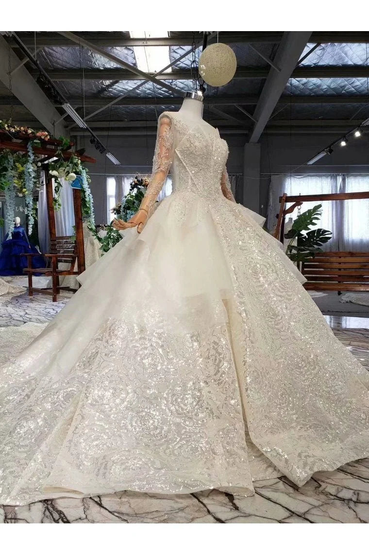 Elegant and Beautiful Bridal Dress Scoop Long Sleeves High Quality sheer with beading