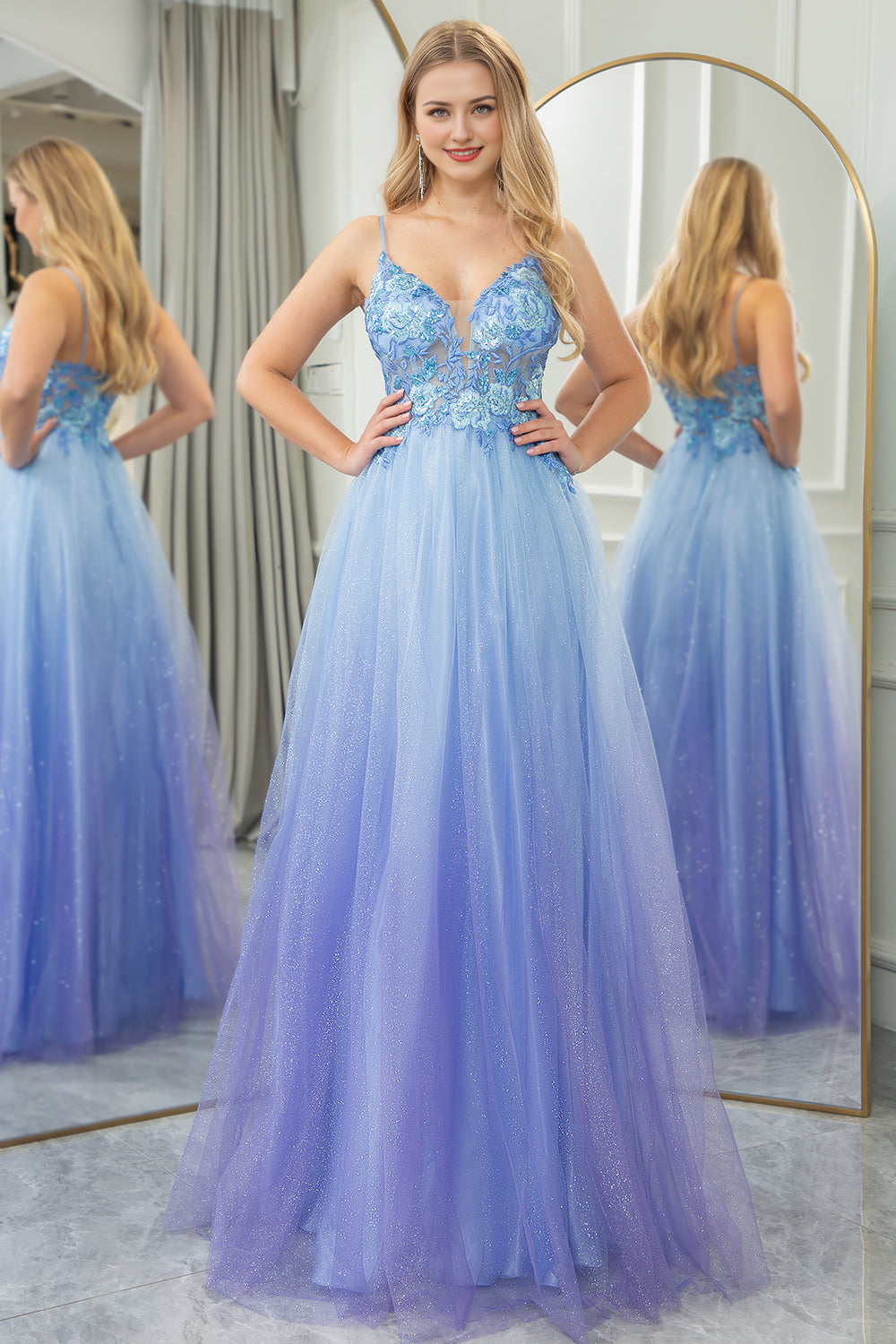 Formal Gown Spaghetti Strap Sleeveless A-line Tulle Long Evening Prom Dresses Online, OLP658