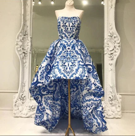 Princess A-line strapless high and low blue return to school party dress with printed long style party
