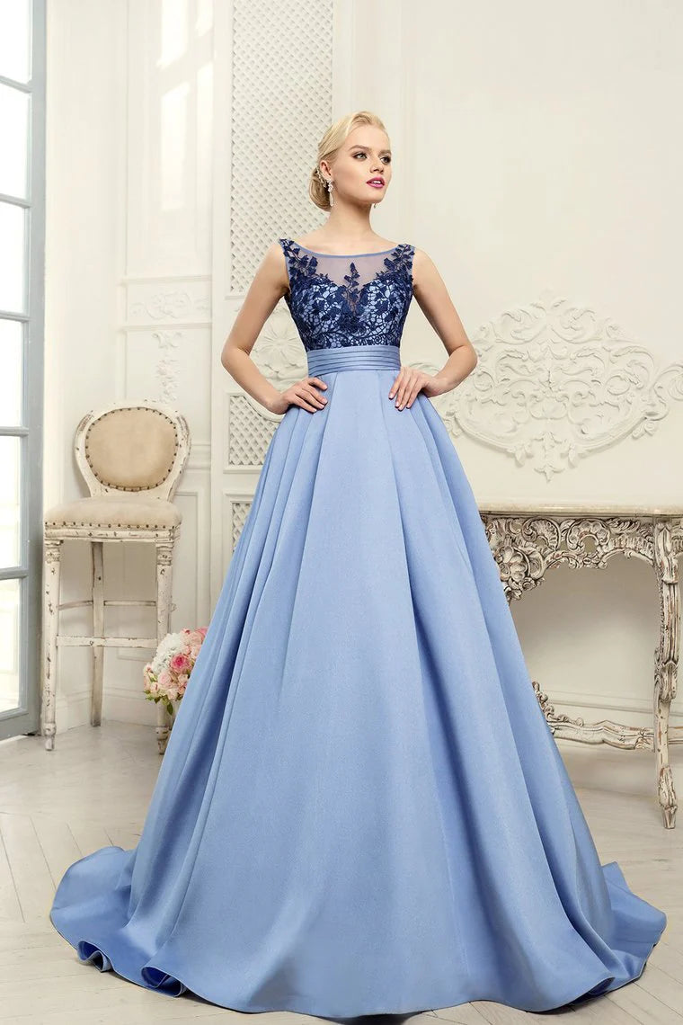 Scoop Blue Elegant Satin Sleeveless Ball Dress