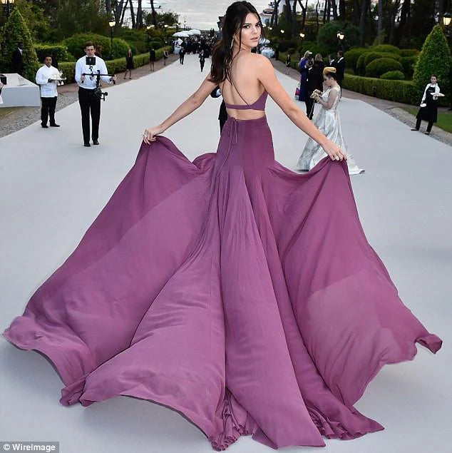 Italian spaghetti strap purple gorgeous A-line chiffon long backless ball dress