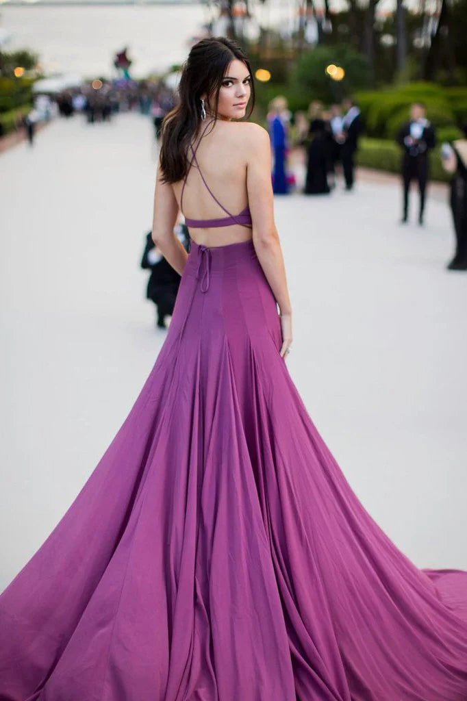 Italian spaghetti strap purple gorgeous A-line chiffon long backless ball dress