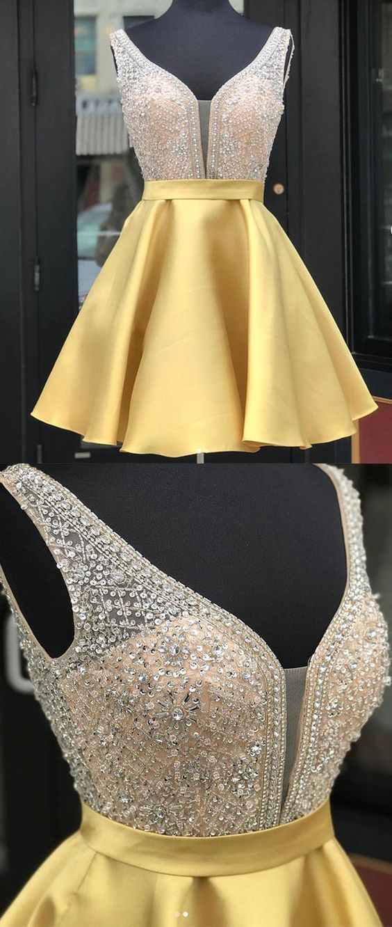 Sparkling Homecoming Party Dress with V-neck Satin Beads