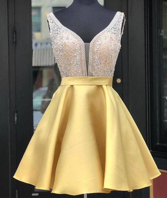 Sparkling Homecoming Party Dress with V-neck Satin Beads