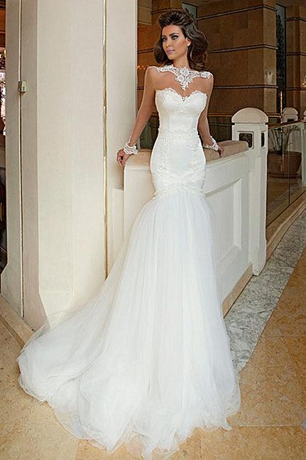 White Wedding Dresses Applique Zipper Sweep Train Bridal Gowns