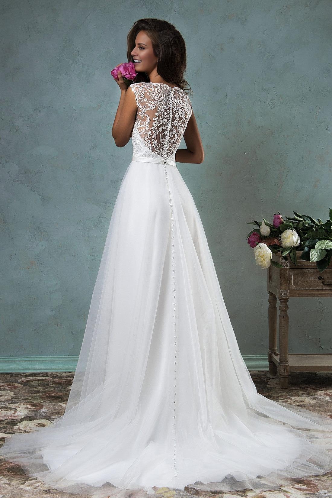 White Lace Applique Bride Dress Latest Sweep Train Summer Beach Wedding Dress