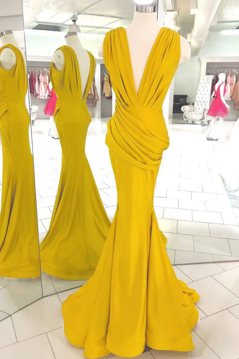 Yellow v neck long prom dress yellow prom dress