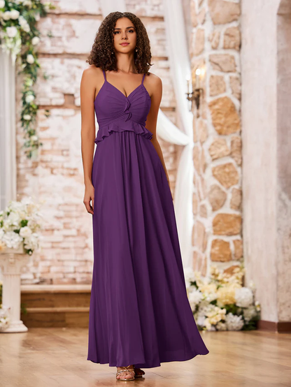 OKBBN slim shoulder strap A-line chiffon bridesmaid dress