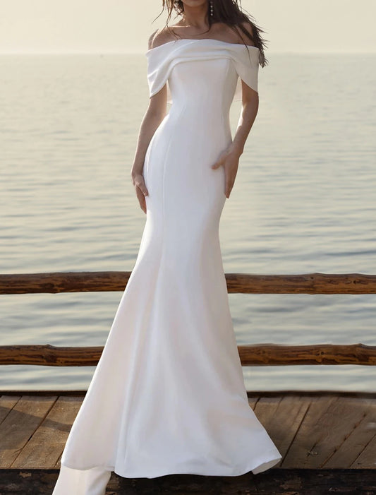 Wedding Dresses Mermaid Trumpet Off Shoulder Cap Sleeve Court Train Satin Bridal Gowns With