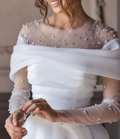 Beach Formal Wedding Dresses A-Line Illusion Neck Long Sleeve Floor Length Tulle Bridal Gowns With Ruched Beading