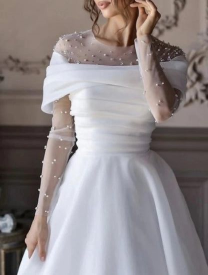 Beach Formal Wedding Dresses A-Line Illusion Neck Long Sleeve Floor Length Tulle Bridal Gowns With Ruched Beading