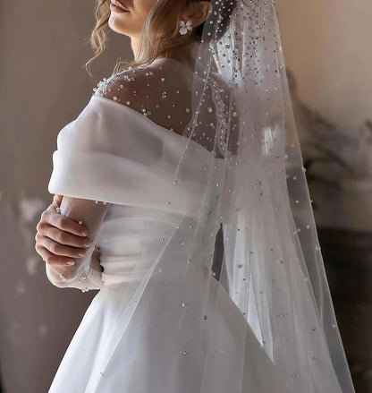 Beach Formal Wedding Dresses A-Line Illusion Neck Long Sleeve Floor Length Tulle Bridal Gowns With Ruched Beading
