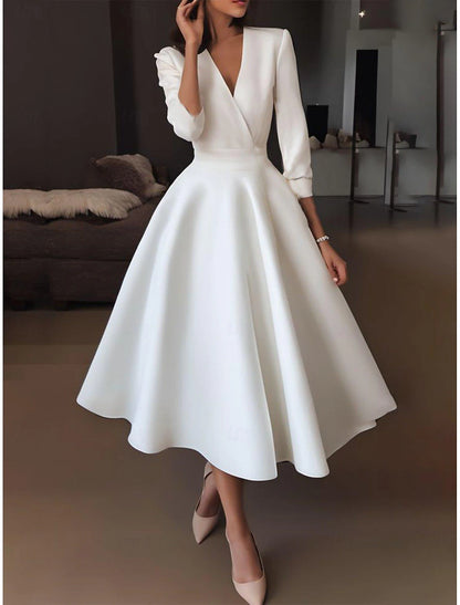 Wedding Dresses A-Line V Neck Half Sleeve Tea Length Satin Bridal Gowns With Draping