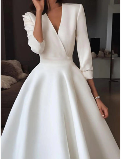 Wedding Dresses A-Line V Neck Half Sleeve Tea Length Satin Bridal Gowns With Draping