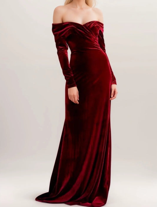 Off-the-shoulder Ruched neckline Long Sleeves fit and flare Velvet Prom Dress