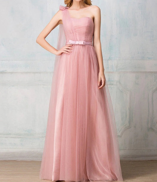 Sweetheart one-shoulder floor-length tulle long prom dress