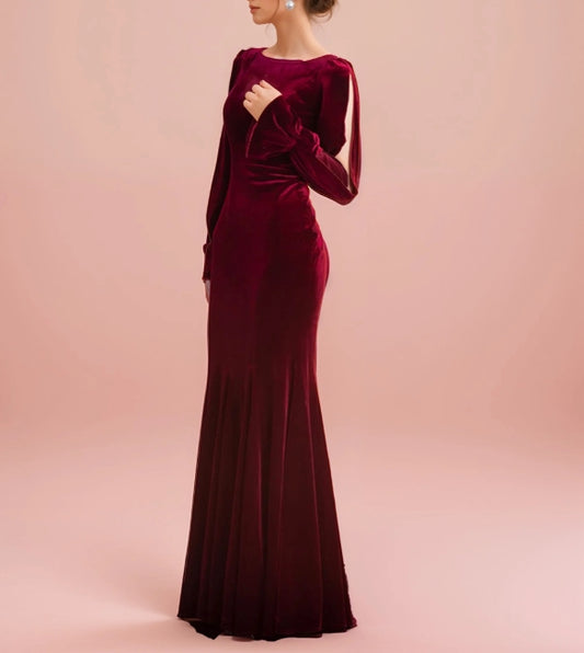 Ruffled open long Sleeves straight neckline hollow back sheath velvet prom dress