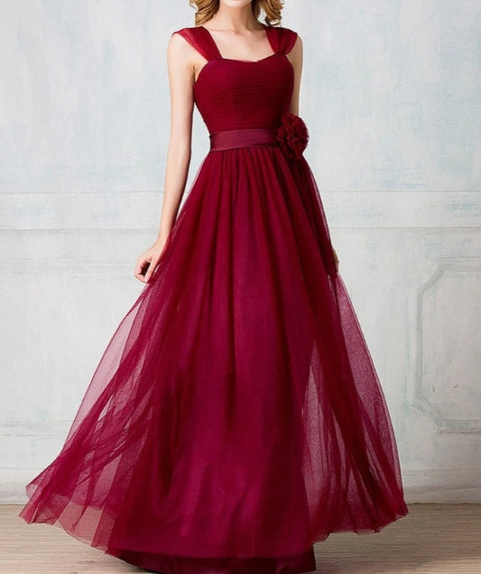 Sweetheart tulle-strap floor-length long prom dress