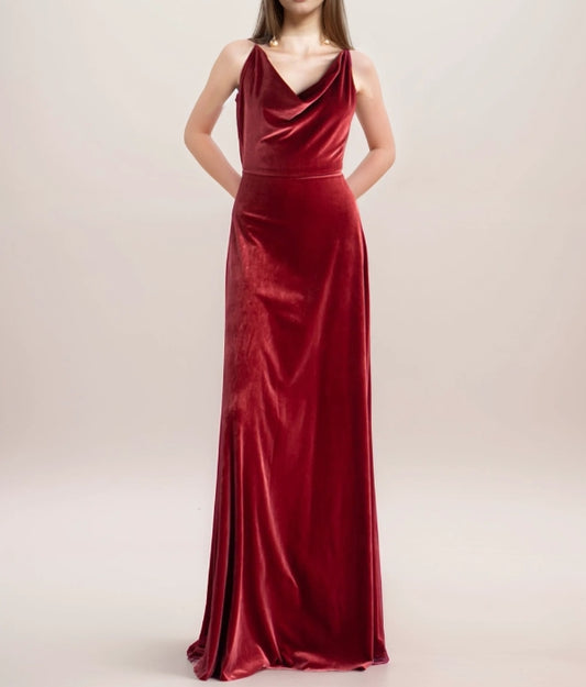 Unique Back Design Draping Neck Sleeveless A-line Velvet Prom Dress