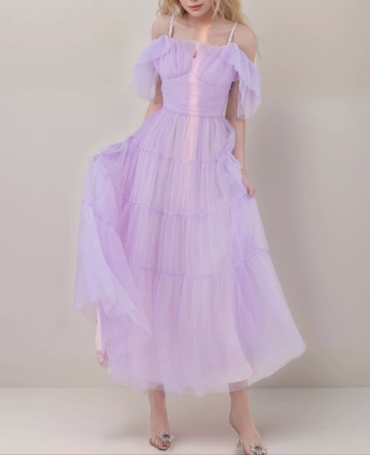 Beaded Spaghetti Straps Ruffled Sleeves Tea Length Tulle Prom Dress