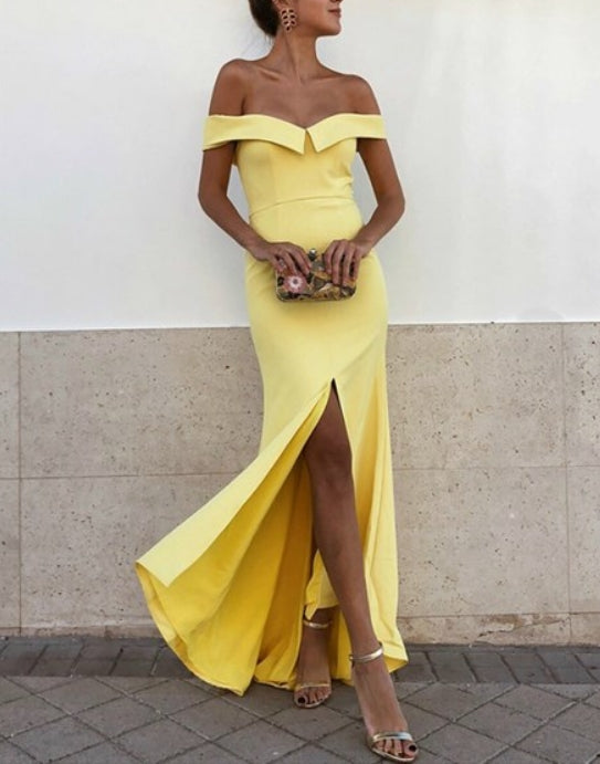 Yellow Off The Shoulder Satin Floor Length Evening Dress With Split Front
