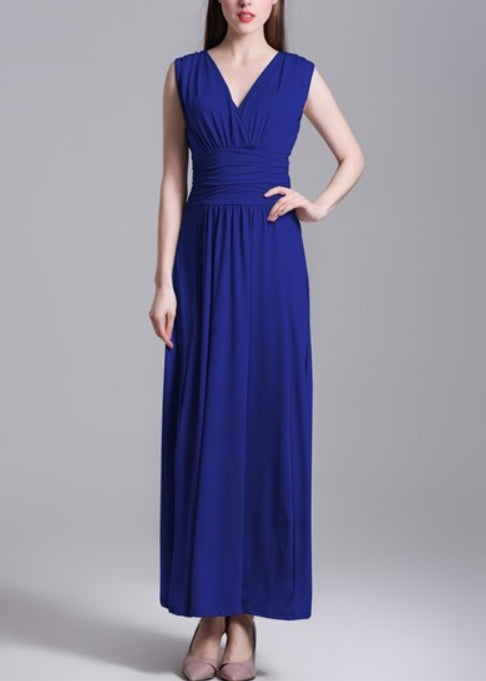 Royal Blue Sleeveless V-Neck A-Line Ruched Chiffon Evening Dress With Open Back