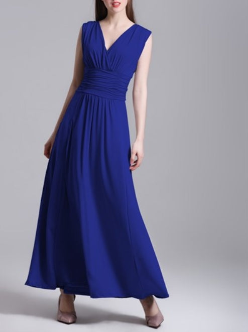 Royal Blue Sleeveless V-Neck A-Line Ruched Chiffon Evening Dress With Open Back