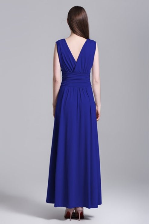 Royal Blue Sleeveless V-Neck A-Line Ruched Chiffon Evening Dress With Open Back