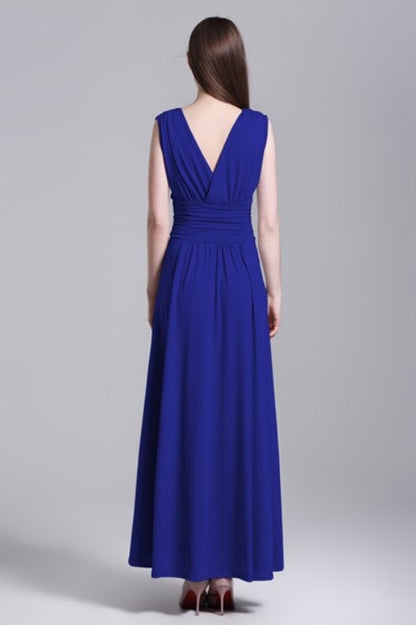 Royal Blue Sleeveless V-Neck A-Line Ruched Chiffon Evening Dress With Open Back