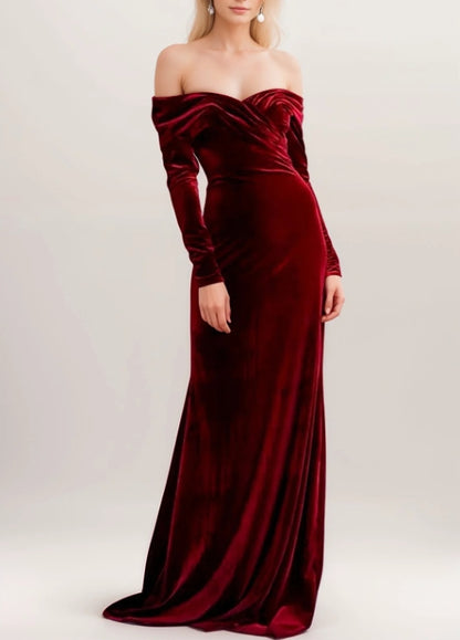 Elegant Off-the-Shoulder Velvet Prom Dress with Ruched Neckline and Long Sleeves