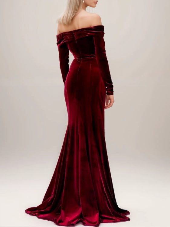 Elegant Off-the-Shoulder Velvet Prom Dress with Ruched Neckline and Long Sleeves