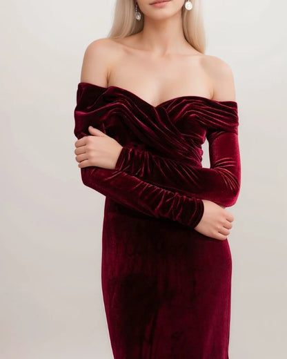 Elegant Off-the-Shoulder Velvet Prom Dress with Ruched Neckline and Long Sleeves