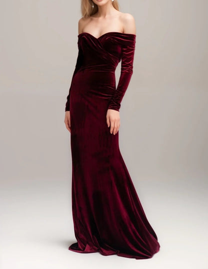 Elegant Off-the-Shoulder Velvet Prom Dress with Ruched Neckline and Long Sleeves