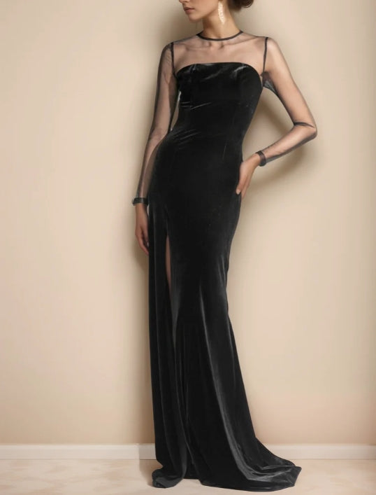 Elegant Vintage Black Velvet Dress with Mesh Long Sleeves & Slit