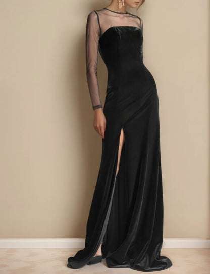 Elegant Vintage Black Velvet Dress with Mesh Long Sleeves & Slit